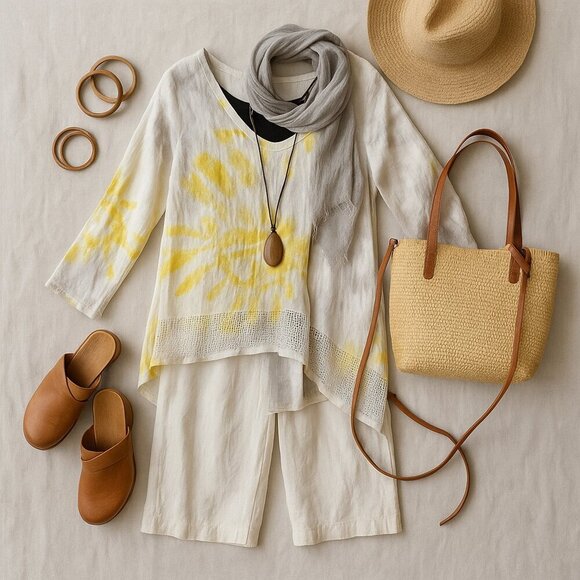 Belle France Italian Linen Tie-Dye Tunic Sz L High-Low Hem Boho Lagenlook Cover - Picture 3 of 8